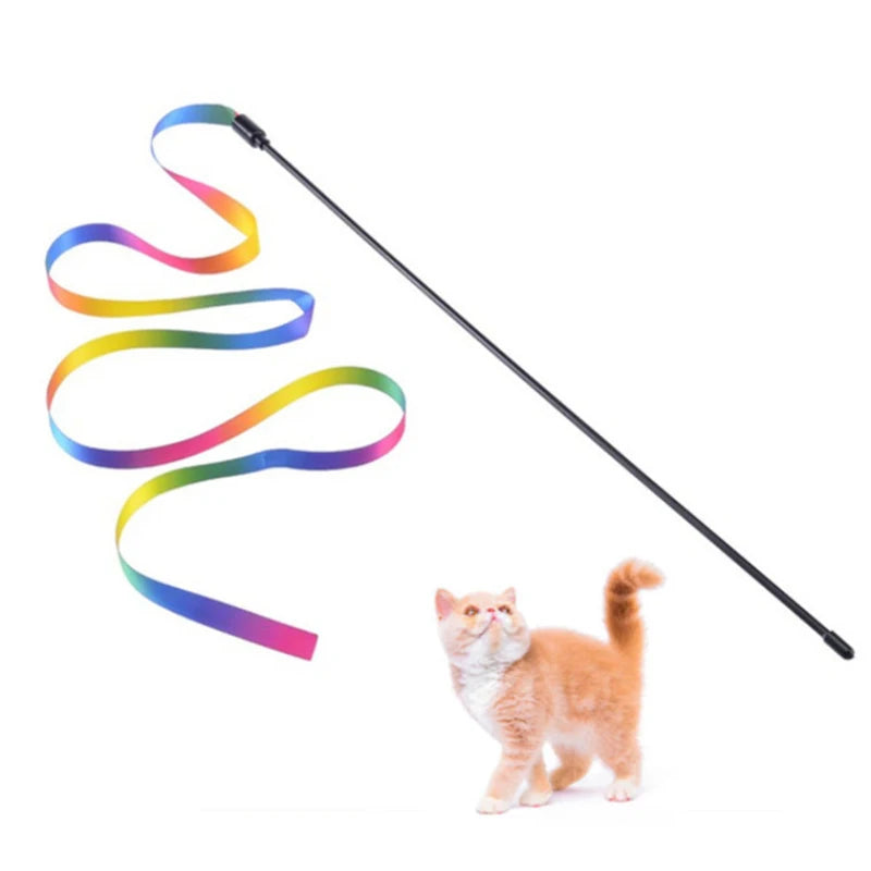 Cat Toy Teaser -  Colorful Rainbow Ribbon Stick