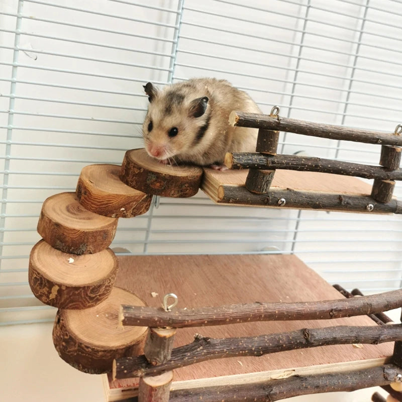 Hamster Wood Playground Activity Platform with Wooden Ladder Stairs - Hideout for Rats, Gerbils, Other Small Animals