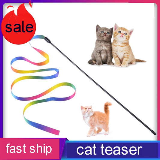 Cat Toy Teaser -  Colorful Rainbow Ribbon Stick