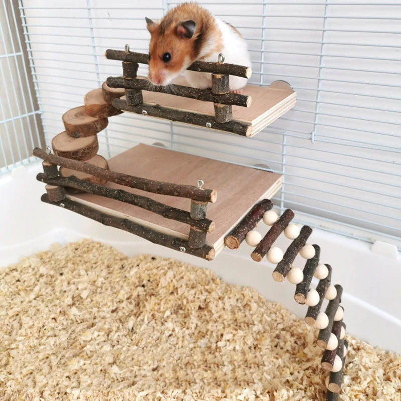 Hamster Wood Playground Activity Platform with Wooden Ladder Stairs - Hideout for Rats, Gerbils, Other Small Animals