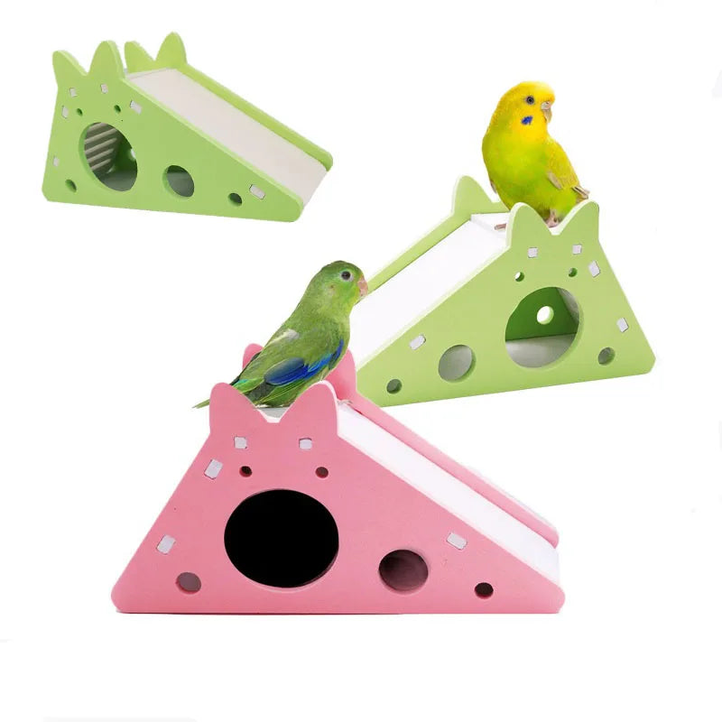 Bird Slide Toy - Hamster Hideout House - Parrot Cage Accessories - Guinea Pig Wooden Cave Slide with Stairs