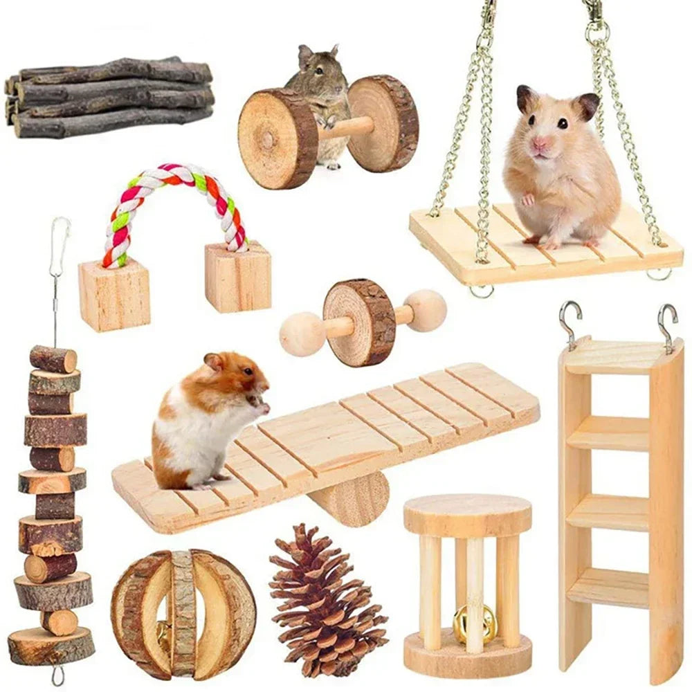 Roller Toy Made with Natural Wooden Pine For Small Pets - Dumbells - Unicycle Bell - Chew Toys