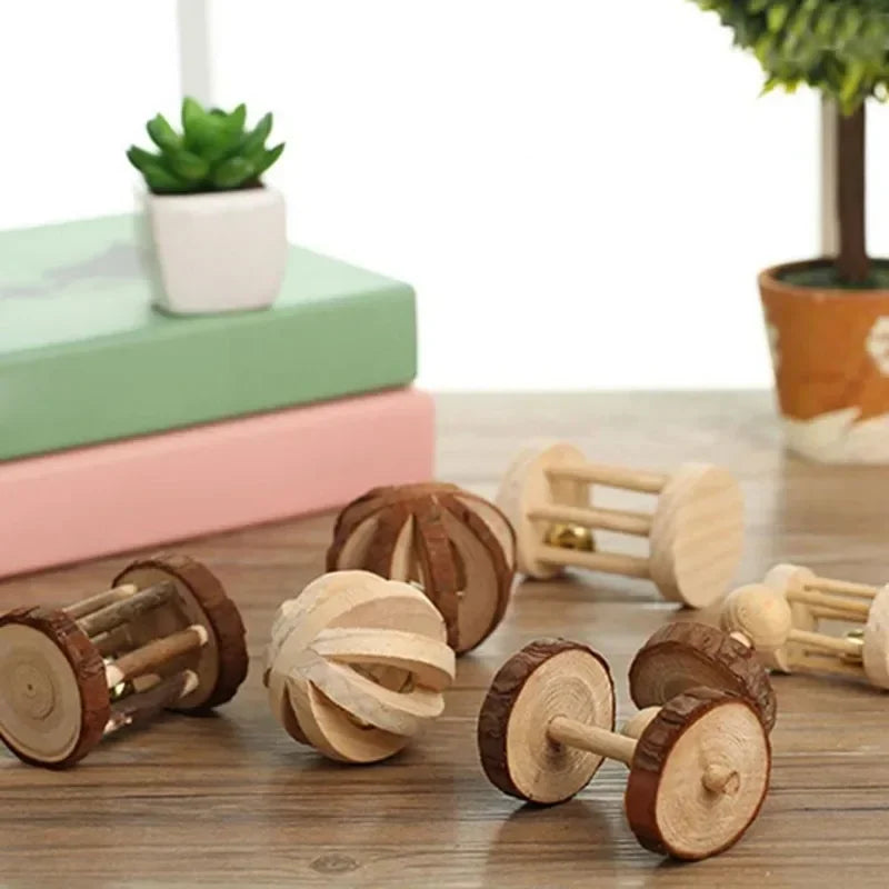 Roller Toy Made with Natural Wooden Pine For Small Pets - Dumbells - Unicycle Bell - Chew Toys