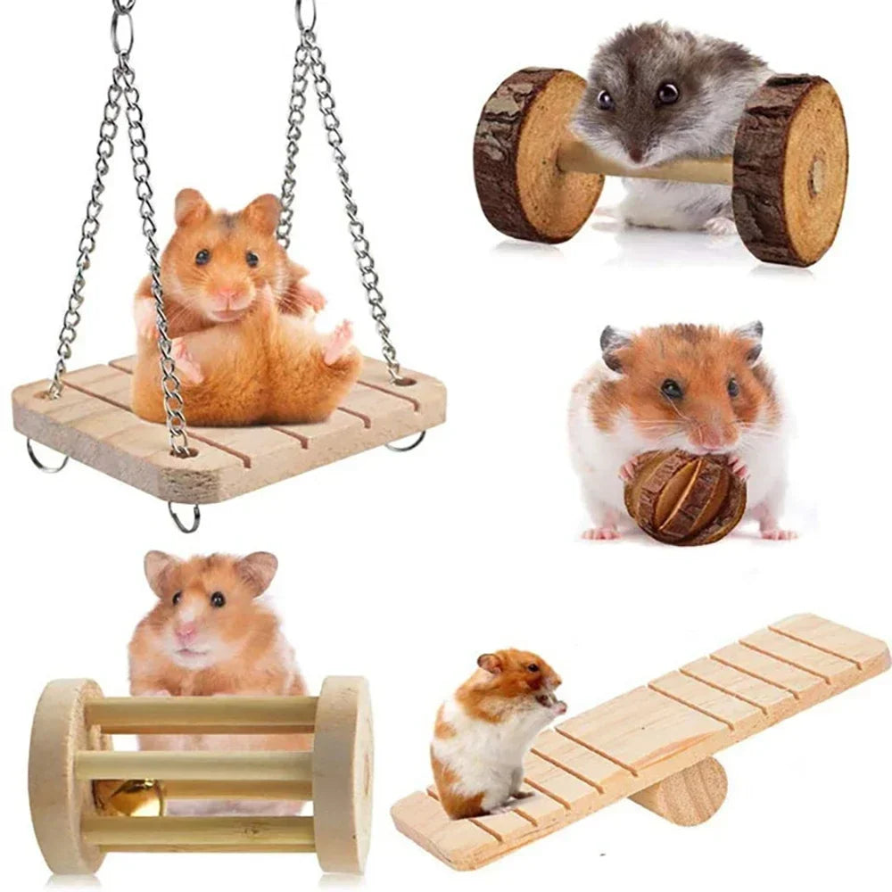 Roller Toy Made with Natural Wooden Pine For Small Pets - Dumbells - Unicycle Bell - Chew Toys