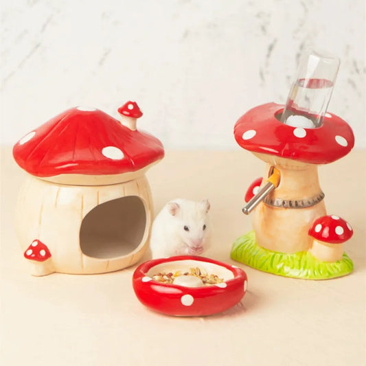 Mushroom House Pet Cage With Small Pet Bowl - For Small Animals