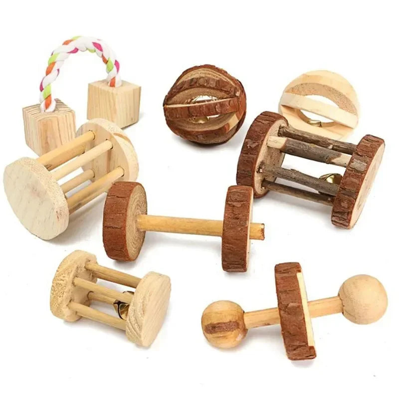 Roller Toy Made with Natural Wooden Pine For Small Pets - Dumbells - Unicycle Bell - Chew Toys