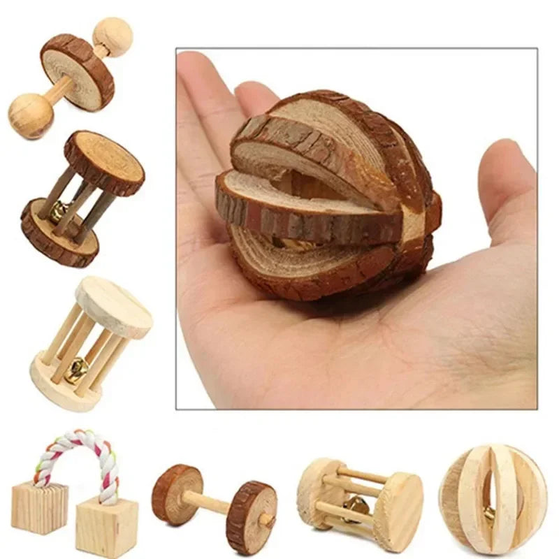 Roller Toy Made with Natural Wooden Pine For Small Pets - Dumbells - Unicycle Bell - Chew Toys